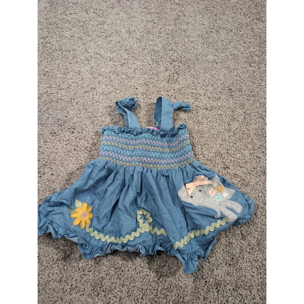 Good‎ Lad Baby Girls Blue Denim Smocked Dress Cat Flower Applique 9 Months